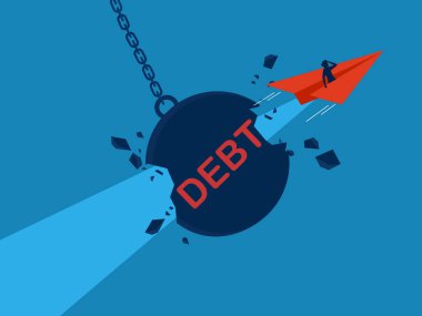 Borcunu ödeyebilme yeteneği. Kağıt uçak kullanan işadamı borç topu vektörüne çarpıyor