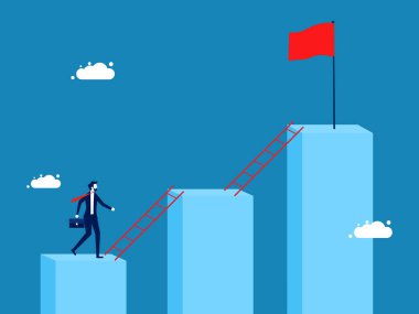 İş büyümesi. İşadamı, bar grafik vektöründe adım adım merdivenleri çıkıyor.