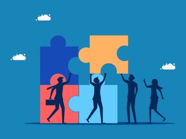 İş yerindeki motivasyon. Çalışanlar bir yapboz vektörünün oluşturulmasına yardım eder