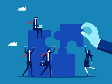 İş ortakları. Büyük işadamı, son yapbozu iş ekibiyle birleştiriyor. vektör