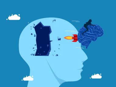 Kafandan çık. Beyni olan iş kadını büyük kafa vektöründe uçuyor.