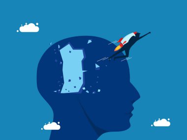 Yeni bir yenilik. Büyük baş vektörünün üzerinde roketle uçan bir işadamı