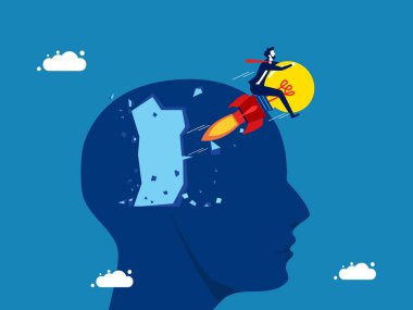 Yeni bir fikir doğdu. İş adamı ampulü büyük bir kafa vektörüne doğru sürüyor.