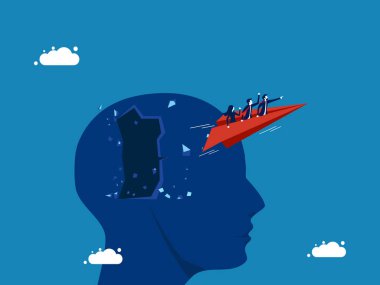 İşbirliği. Kağıt uçakla uçan iş ekibi büyük kafa vektörünü yok ediyor.