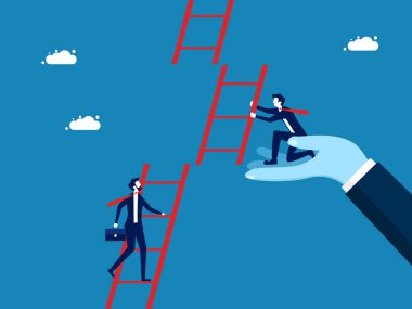 İş desteği. Adam meslektaş vektörü için merdiven yapımına yardım ediyor