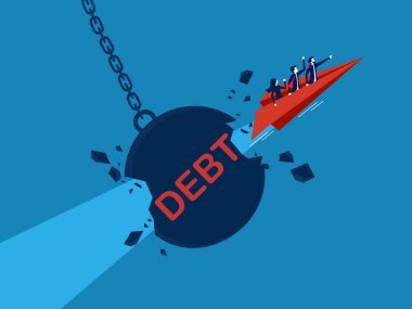 Borç yönetimi. Kağıt uçak uçuran ve borç vektörüne çarpan iş adamları takımı.