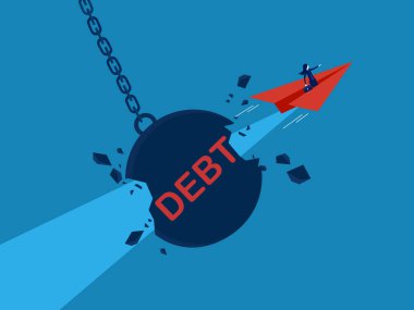Borcunu ödeyebilme yeteneği. Kağıt uçak kullanan iş kadını borç topu vektörüne çarpıyor