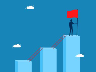 İş geliştirme. İşadamı, bar grafik vektöründe adım adım merdivenleri çıkıyor.