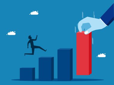 Gelir arttı. Dev bir el vektörünün yardımıyla grafiği yükselten işadamı