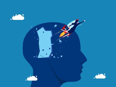 Yeni bir yenilik. İş kadını büyük baş vektörünün üzerinde roketle uçuyor