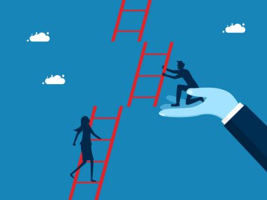 Kariyer yolu rehberi. İşadamı yöneticisi, çalışan vektörü için merdiven yapımına yardım ediyor
