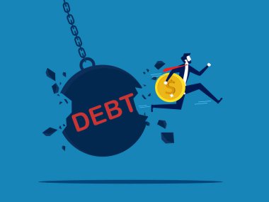 Rezerv fonları. Bozuk para tutan bir işadamı borç topu vektörüne çarpar.