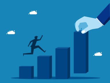Ortaklar yardım sağlar. İş adamı, dev bir el vektörünün yardımıyla grafiği yukarı çıkarıyor.