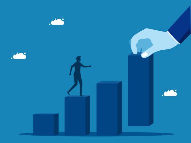 Ortaklar yardım sağlar. Dev bir el vektörünün yardımıyla grafiği yükselten işadamı