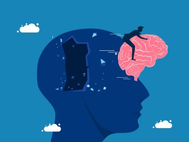 Alışılmışın dışında düşün. İş adamı uçmak ve büyük kafaları kırmak için beynine biner. vektör