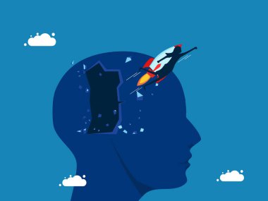 Yeni yenilikçi fikirler. İş kadını büyük baş vektörünün üzerinde roketle uçuyor