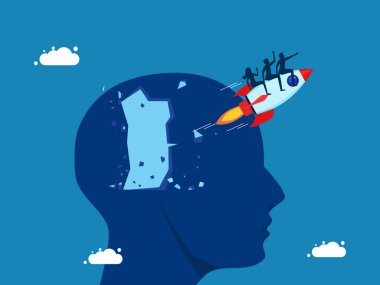 Yeni yenilikler yaratmak için işbirliği yapın. Roketle uçan iş ekibi büyük kafa vektörünü yok ediyor.