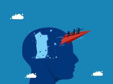 Düşünce lideri. Büyük baş vektörden kağıt uçaklarla uçan iş adamları takımı.