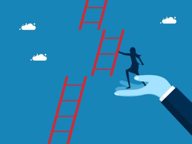 Kariyer yolu desteği. İş kadını kadın yönetici, çalışan vektörü için merdiven yapımına yardım ediyor