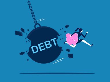 Finansal sorunları çöz. İş kadını tasarruf vektörüyle borç vektörünü açıyor