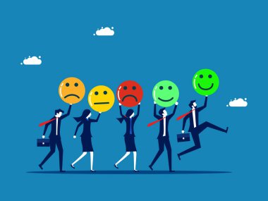 İş tatmini. İş adamı takımı farklı duygu vektörü hissediyor