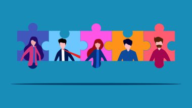 Takım çalışması, işbirliği. Yapboz elementlerini birleştiren insanlar. vektör