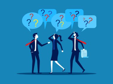 Karışıklık ve şüphe. İş adamı çalışanı soru işareti vektörü ile soru düşünüyor