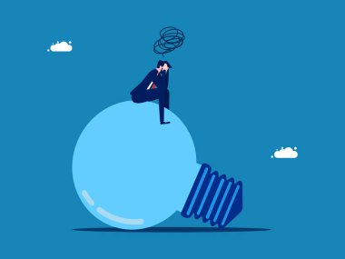 İşte enerjim bitiyor. İş adamı ne yazık ki loş bir ampulün üzerinde oturuyor. Vektör illüstrasyonu