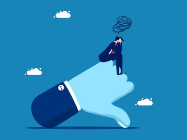 Başarısızlıklar ve hatalar. Üzgün işadamı negatif el işareti vektöründe oturuyor