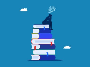 Ders çalışma stresi. İş adamı kitap yığınının üzerinde üzgün oturuyor.