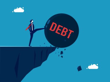 Finansal özgürlük. İş adamı borç topunu dağ vektöründen aşağı itiyor