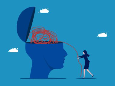 Akıl sağlığı tedavisi. Kadın büyük kafa vektöründen kaosu kaldırıyor.