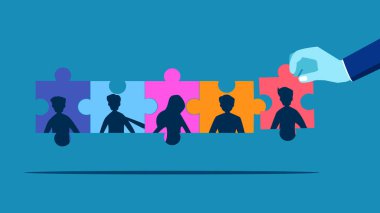 Başarı için takım olarak çalışmak. Yapboz vektörüyle bağlantılı bir işadamı