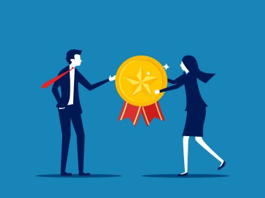 En iyi satış şampiyonu. İşletme patronu en iyi çalışan vektörüne altın yıldız rozeti verir.