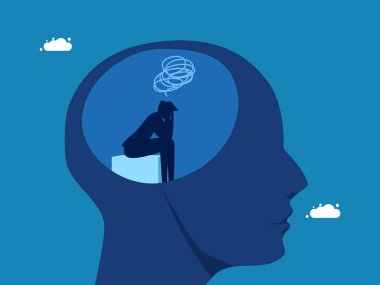 Üzüntü, stres. Büyük kafanın içinde üzgün oturan bir iş adamı. Vektör illüstrasyonu