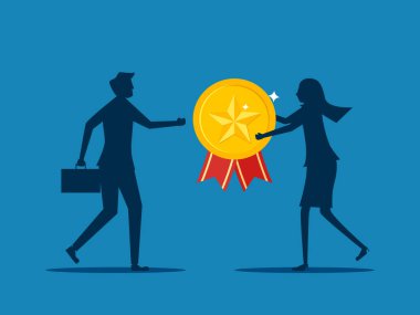 Başarı ödülü. İşletme patronu en iyi çalışan vektörüne altın yıldız rozeti verir.