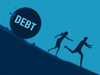 İş konsepti. Borç topundan kaçan iş ekibi vektör aşağı yuvarlanıyor