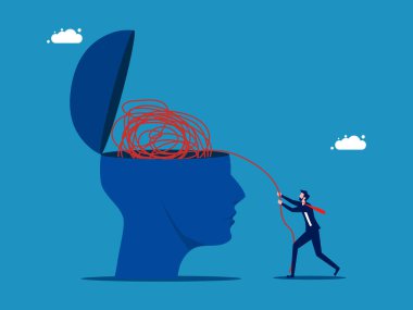 Anksiyete terapisi. İşadamı büyük baş vektörden kaosu kaldırdı