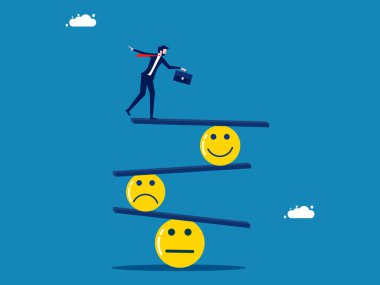 Üzüntü ve mutluluk. Bilinci açık bir adam gülümsemeyi ve üzgün bir yüz vektörünü dengeler.