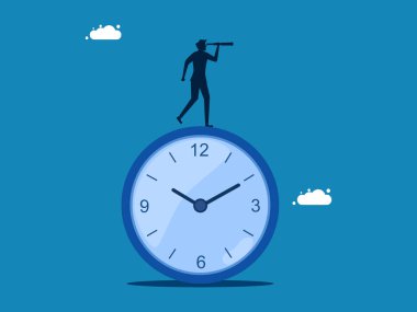 Yatırım zamanı arayın. İş adamı zaman vektöründe dürbünlere bakıyor