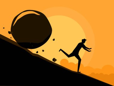 İnsanlar dağdan yuvarlanan kayalardan kaçarlar. iş konsepti vektörü