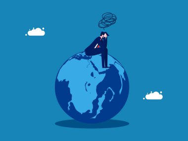 Dünya vektör illüstrasyonunda üzgün oturan iş adamı