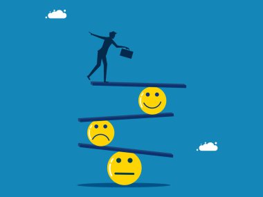 Üzüntü ve mutluluk. Bilinçli iş adamı bir gülümseme ve üzgün bir yüz vektörünü dengeler.