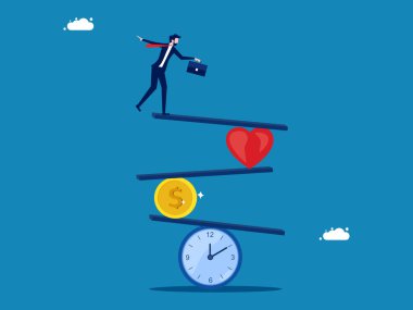 Etkili zaman. İş adamı saat, kalp ve sikke vektörü üzerinde işi dengeliyor