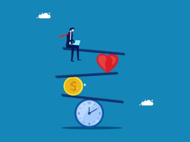 Verimlilik. İş adamı saat, kalp ve sikke vektörüyle dengede duruyor