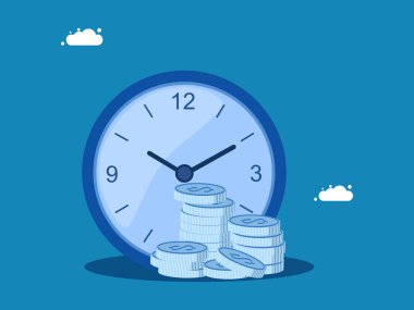 Yatırım zamanı, uzun vadeli yatırım. Saat ve bozuk para yığını vektörü