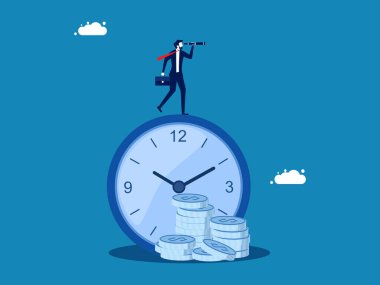 Yatırım zamanı arayın. İş adamı saat üzerindeki dürbünle para yığını vektörünü inceliyor