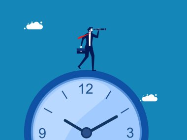 Yatırım zamanı arayın. İş adamı zaman vektöründe dürbünlere bakıyor