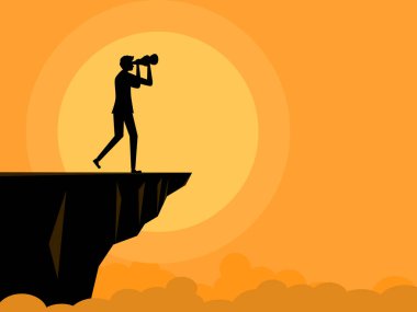 Fırsatlara bakıyorum. Kendinden emin iş adamı, en yüksek uçurum vektöründe dürbünle duruyor.