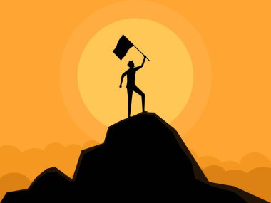 Başarılı adamlar dağların tepesine bayrak dikerler. Vektör illüstrasyonu